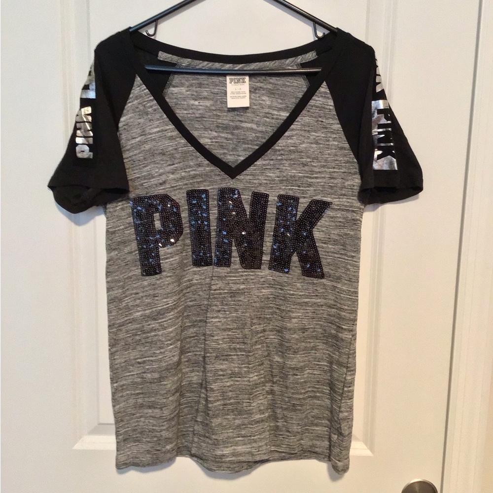 PINK Victoria's Secret Gray & Black V‑Neck Tee with Sequin Logo